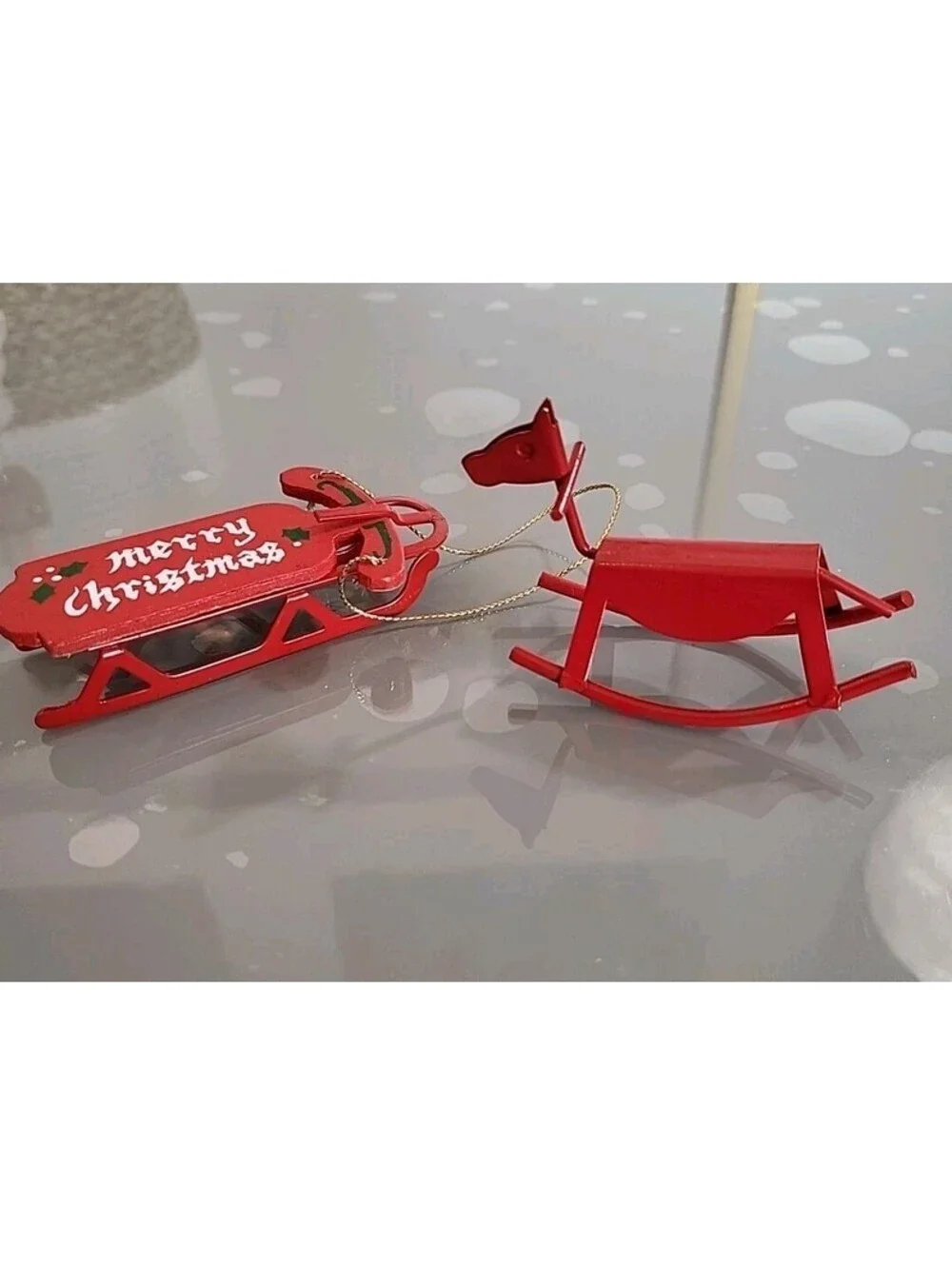 Vintage Metal Rocking Horse And Snow Sled Merry Christmas Ornament Perfect 3